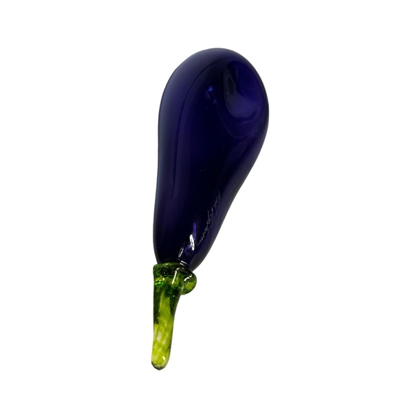 Hand Blown Glass Eggplant Signed Large 10”x 3” Purple Green Stem Horn of Plenty - Picture 6 of 9